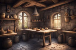 fantasy medieval kitchen with a table and an open door