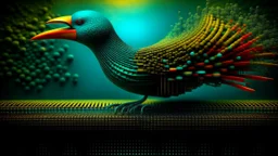 Surreal art piece featuring a belt made of binary code, with a bird perched on it, against a dark and mysterious background. Highly detailed and intricate, incorporating elements of technology and nature. Inspired by the works of Salvador Dali and M.C. Escher. Rendered in 3D software such as Blender or Maya, with vibrant colors and sharp lines to create a dreamlike effect. Square image for use as album cover or poster artwork.