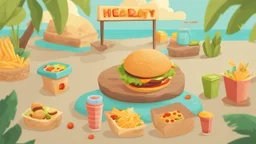 illustration for game. some healthy food and fast food on a large island