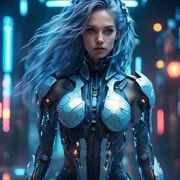 gorgeous girl with in cyberpunk style, high quality, 8K Ultra HD, full body, have a cyber suit, a mesmerizing 20-year-old woman with a futuristic beauty that seems to transcend time and space, intricately woven into her very being, encased in the cybernetic suit, move with fluidity and precision, Her flowing hair resembles streams of neon lights, casting a vibrant glow that adds a touch of cyberpunk brilliance to her appearance, Each strand of hair is meticulously crafted with holographic patter