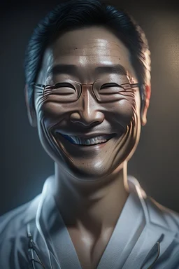 asian surgeon portrait smiling, scalpel pose, dark lighting, hyper-realistic, Meticulously intricate perfectly symmetrical extremely detailed, portrait, pixiv daily ranking, pixiv, extreme depth of field, artstation, spectacular details, volumetric lighting, masterpiece, cinematic, Hollywood production, 8k resolution, high definition, max octane render, vivid colors, max resolution, unreal engine , max perfectionism, realistic composition, professional photography, max focus, masterful technique