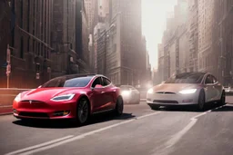 A Tesla 'Model S' is racing at top speed, on 'Wall Street', in New York. (CINEMATIC, WIDE ANGLE LENS, PHOTO REAL)