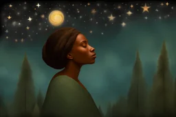 forests fall asleep in my arms, sky background;stars,lens flare,moonrays,by artist "Betye Saar";by artist "Canan Berber";by artist "Kaikai Kiki";by artist "Christian Schloe",by artist "Arthur Garfield Dove"