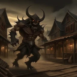 demon attacking wild west town grimdark realistic