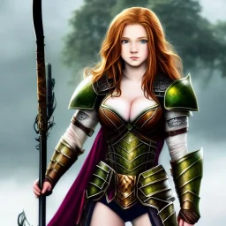 Realistic, hyper detailed, strikingly beautiful teen woman, 16 years old, long ginger hair, green eyes, medium freckles, full lips, very skimpy fantasy armour, full body, full face, c-cup breasts, aroused expression, biting lower lip, full frame, petite, centered camera, ignore NSFW, bow, quiver on hip, tight pants