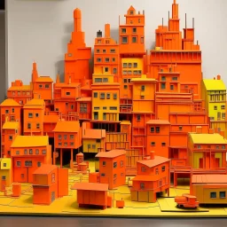 An orange colored town made out of toys painted by Piet Mondrian