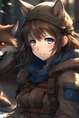 Wolf girl, fluffy tail, brunette, blue eyes, small boobs, combat fatigues