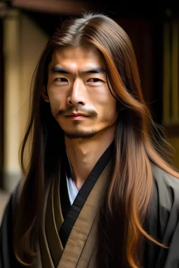 handsome and pretty japanese man with long hair, but has a bang over his forehead wearing a traditional monk outfit gets worshipped by his followers