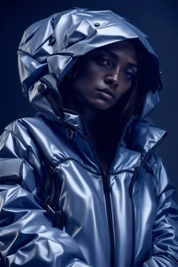 Hyper-detailed photography, A revolutionary cyborg robot is modelling a windbreaker jacket, full body visible, focus on the high-end material, limited edition, matte finish, puffed up air pockets, cinematic effect ,smart focus, 12k