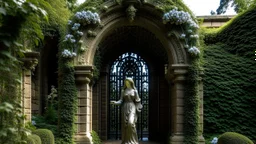 A stone archway with intricate floral patterns and a statue of a woman inside, surrounded by vines