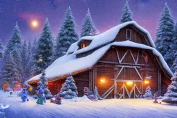 A barn in December, with snow on the ground, Pixar, Dreamworks, Disney