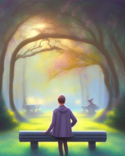 park mystical dream, park bench, man, woman, child, dog, trees, path, bird, sunshine, mystical, fantasy, romanticism, pastel colors, daylight, daytime, acrylic painting, detailed, soft focus,