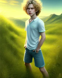 full length photograph of a beautiful 12 year old boy with long, blonde curly hair and light blue eyes, smiling, standing on a green hill in summer, highly detailed, smooth, photorealistic, digital art, HDR