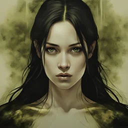 Woman in dark colors standing on neutral background. Slavic appearance, long dark hair, expressive green eyes. Main colors: black and gold. A majestic image of a feminine girl, fragile externally, but strong and proud inside. The torso is covered with a barely translucent film. The work is made in the style of artist Yifan Zhang.