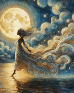 No corners drawing lines dots Kandinsky A full-body pretty African Asian moon goddess draped in flowing celestial fabric walks on water beneath a glowing full moon. Her gown unfurls like clouds, catching starlight and golden dust in the night air. The scene is surreal and divine, with painterly textures and a balance of shadow and illumination vertical Award winning imagery trompe l'oeil 3D surrealism masterpiece of Odilon Redon's dreamlike surrealism. kintsugi painting of abstract squares creat