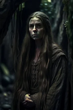 underground grove, with bricks and stones, portrait of hulk as a female wood elf with pale, ethereal features with long hair that seems to shimmer. She dresses in flowing, dark-colored clothing that accentuates her mysterious aura. photo-realistic, shot on Hasselblad h6d-400c, zeiss prime lens, bokeh like f/0.8, tilt-shift lens 8k, high detail, smooth render, down-light, unreal engine 5, cinema 4d, HDR, dust effect,, smoke