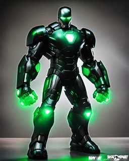 Super IRONMAN armor, kryptonite powered, black armor, black chrome, green lights, built by wayne enterprises, designed by stark industrieshttps://stablecog.com/generate?o=37b70ee1-cbf6-4de2-8ffe-0e02f33ce34f