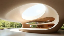 A unique pavilion shaped like a lemniscate (figure-eight curve), with a continuous flowing loop that creates interconnected spaces. The roof gently rises and falls in harmony with the curve, and large, open-air windows allow natural light to flow into the building. The interior features rounded, organic forms that follow the infinite loop of the lemniscate. Award-winning photograph.