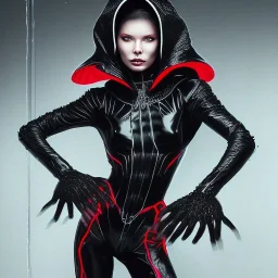 This spider woman is a formidable sight to behold, with the body of a human woman and the head and legs of a spider. She is dressed in a sleek black and red leather suit, with a hood that covers her spider head. Her skin is covered in shimmering black scales, and her eyes glow a bright, otherworldly green. She is fast and agile, able to climb walls and ceilings with ease. She has venomous fangs and sharp claws, and she can spin webs of magical energy to ensnare her enemies. She is intelligent an