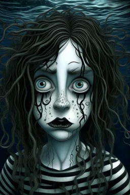 20 year old woman, sunken face, Tim Burton style, full figure