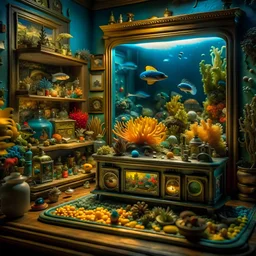 Diorama of old stuff in a room, sharp focus, 8k, 3d, very detailed, volumetric light, grim, fine art, very colorful, ornate, 35mm, F/2.8, insanely detailed and intricate, hypermaximalist, super detailed, decadent, aquarium with fish