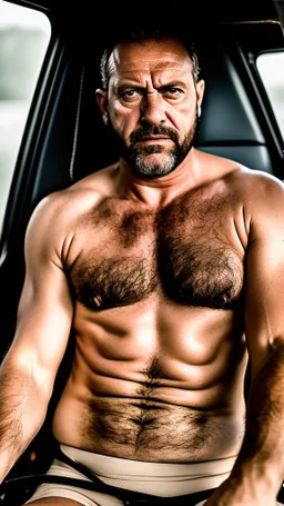 full body shot photography of an Italian sicilian taxi driver burly ugly sitting in the taxi, chubby tired 55 years old driving shirtless, bullneck, thin gold chains, short beard, sweat, short hair, bulge, robust, manly chest, looking down, big shoulders,, photorealistic, side light, ambient occlusion, tired eyes. 35mm lens, internal view inside the Taxi