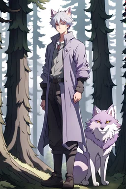 [Forest Backgroud] The handsome and perfect full body is on the spruce land, anime, a casual, gray-haired and lilac-eyed male character with wolf ears and a feline tail in the forest, 8K resolution, high quality, ultra graphics, and detailed with lines.