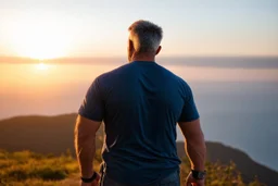 a brawny man with grey hair views sunset from a cliff