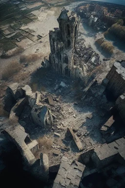 Destroyed City, medieval ruins, debris, stone, breched, brocken, Perspektiv from the sky,
