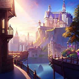 Clear focus, 8k, high quality, detailed, beautiful lighting, quiet European mountain village fantasy, Castle, Houses, Three,