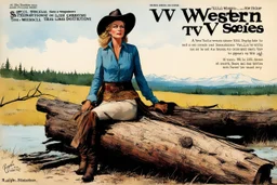 WESTERN TV SERIES 1883 magazine high res photo cover by Ralph Steadman: special western, Faith Hill as matriarch Margaret Dutton in 1883: A Yellowstone Origin Story, lake, forest, meadow, on a log, undies