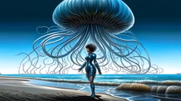 Wide-angle shot of a woman, standing to one side on a beach with huge waves, with dark hair in a silver robotic catsuit, many large blue jellyfish shaped like mushrooms with tentacles floating high up in the air, masterpiece, best quality, super detailed