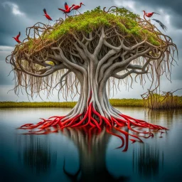 Watched a show about the Everglades, and found this fascinating. Birds exist on the top of tree, and fish in the roots. Bing prompt: a beautiful mangrove tree , with the root system under water in the Everglades, with fish and creatures living in the twisted roots, the image shows the bottom in water and the top has a red duckbill bird and a white heron living in the top of tree.