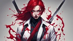 White woman, deep red hair, Ninja, suit made of blood, knives made of blood