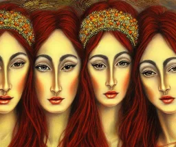 Realistic detailed face portrait of The goddess of beauty, goddess of spell and goddess of joy. "The Three Graces"