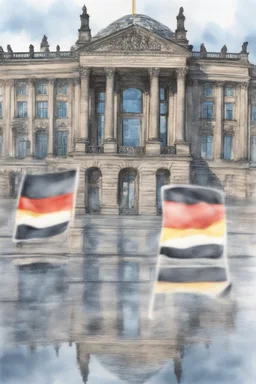 Typical Germany, Reichstag architecture, one small German flag hanging on the facade of the building. There is a street sign at the intersection. People on the street are reflected in a puddle on the asphalt. Watercolor style. 8k quality