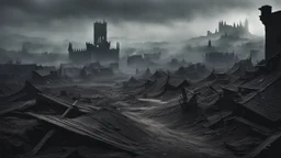 an apocalyptic flat landscape covered in dark gray dust. destroyed medieval town in the far distance. dead dragons. dark grey mist. seen from the ground. fantasy, horror. no trees