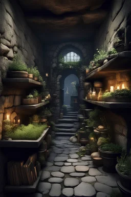 undeground infirmary, stone walls and flor, stone berths, shelves wtih alchemy and herbs, big infirmary, big rooms, fantasy, dark vibe, dimly
