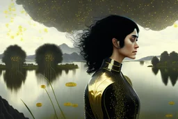 Photorealistic skinny woman with black hair, in a gold and black android suit, standing, looking out over a lake, with flying dandelion heads with octopus tentacles, with tall narrow cloud trees in the distance