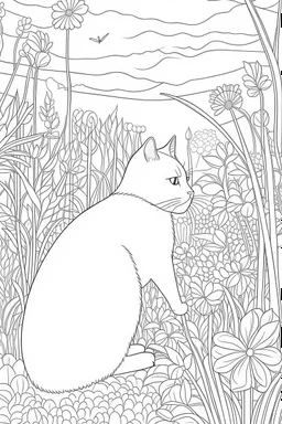 coloring page, nature, relaxing, cat garden" full view, realistic, coloring page, only draw lines, coloring book, clean line art, –no sketch, color, –ar 3:4, white background, minimalistic black lines, minimal black color, low level black colors, coloring page, avoid thick black colors, thin black line art, avoid colors, perfect shape, perfect clear lines,