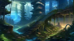 A rain-soaked, intricate biopunk wasteland at twilight, showcasing dilapidated skyscrapers overgrown with bioluminescent fungi, hyperrealistic staircase disappearing into a nebula.
