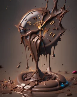 Clock made of chocolate with a broken, melting design, macro photography