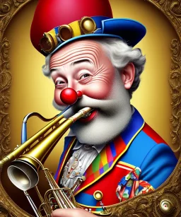 happy and funny old friendly clown with round head and trimmed beard playing jazz with a steampunk theme, trumpet on mouth, paintbrush and aisle, carnival, dreamy