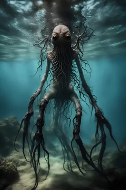 Underwater, legged slimy creature with creepy eyes, fullbody, his skin turned translucent revealing a network of black veins that extended like roots, ragged clothes, , 8k,closeup macro photography,