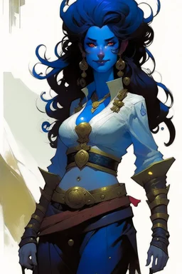 create an adult female air genasi from dungeons and dragons, black medium hair, light blue eyes, blue skin, wavy hair, wearing red leather armor, full body, digital painting, high resolution, forest background, a bit zoomed out