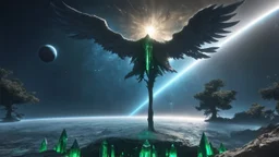 matrix universe, space, planets, god creation, angels from other dimensions with beautiful wings, trees on the planet, behind green crystals of light, command conquer tiberium monolith deposits on the planet near tree,