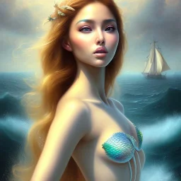 A beautiful portrait of haifa wahbi as a mermaid , leaning on a ships deck ,Rough sea in the background, (digitall art by Eugene de Blaas and Ross Tran, vibrant color scheme, highly detailed, in the style of romanticism, cinematic, artstation best quality, realistic lighting, masterpiece portrait, details light dusting , cowboy shot from above, simple chain hauberk Vector art digital illustration 3D shading )