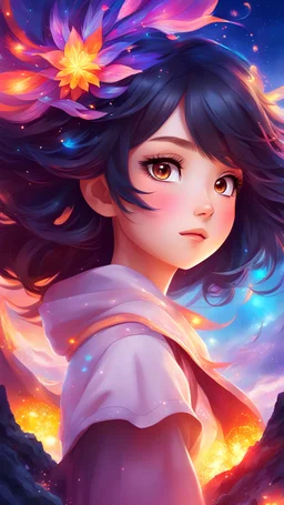"Create an alluring and captivating illustration featuring an adorable and beautiful anime girl with volcanic hair and big glowing eyes, set in a magical land bursting with vivid colors, inviting viewers to immerse themselves in a world of imagination, fantasy, and dreams through the power of illustration art."