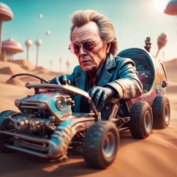 airbrush with pen outline, close up portrait of cool space pimp Christopher Walken gremlin with a psychedelic dune buggy in action scene, wearing driver gloves, wearing flip down driver glasses, in the style of a fallout 4,bokeh like f/0.8, tilt-shift lens 8k, high detail, smooth render, down-light, unreal engine, prize winning