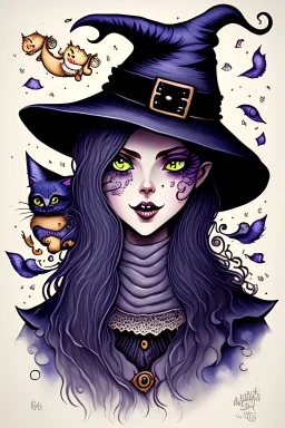 Cute friendly witch, playing with cute cats, perfect eyes, perfect iris, ink and pencil, style Elisabeth Kreitz